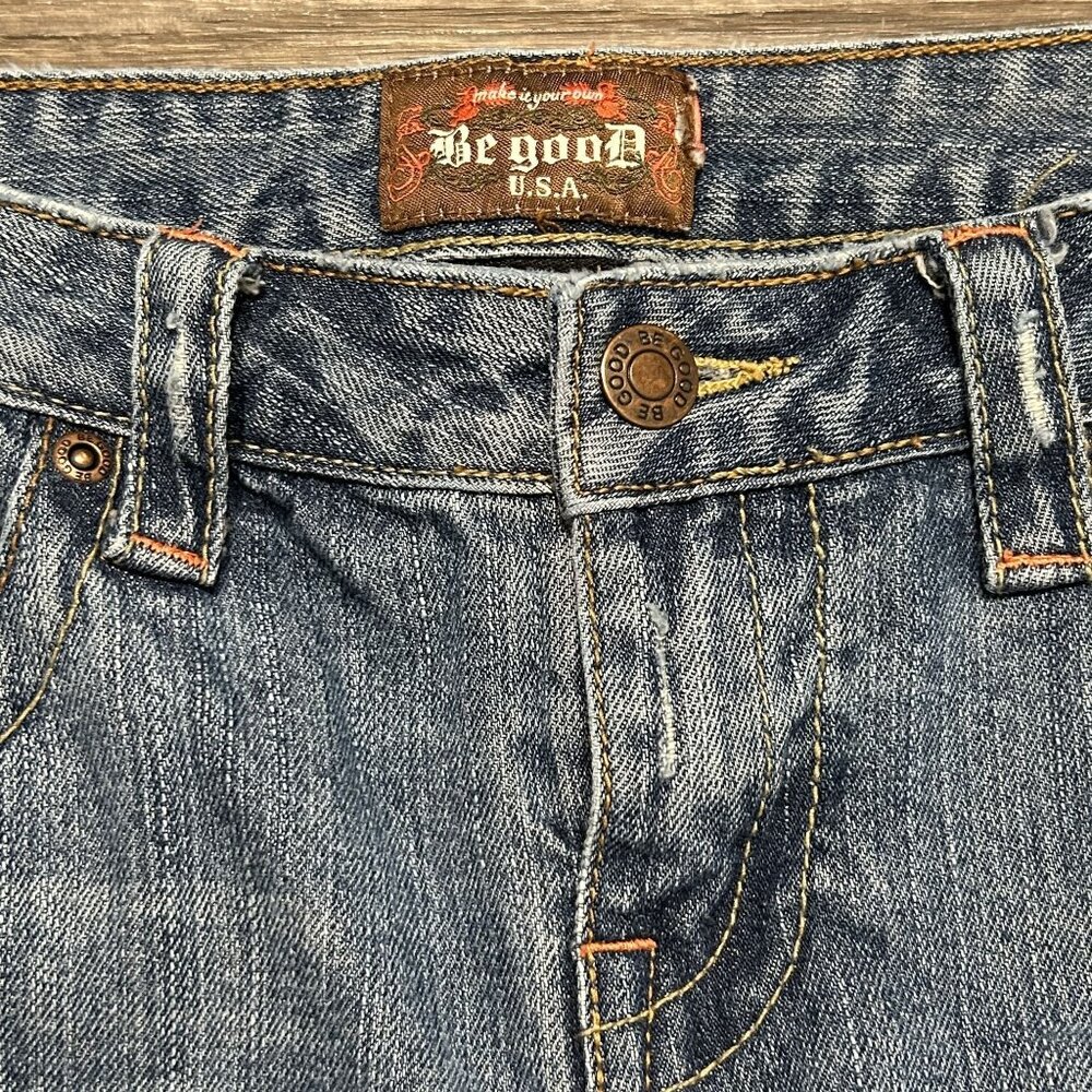 Be Good Size Large Patchwork Embroidered Denim Distressed Flare Jeans Y2K 00s - Picture 12 of 13